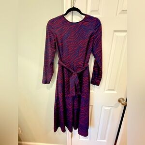 Boden Women’s 8R Lydia Maroon Zebra Spot Midi Dress w/ Tie Waist Pockets